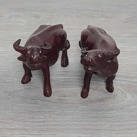 Chinese Carved Wood Water Buffalo Figurines Set of 2 - Picture 1 of 6